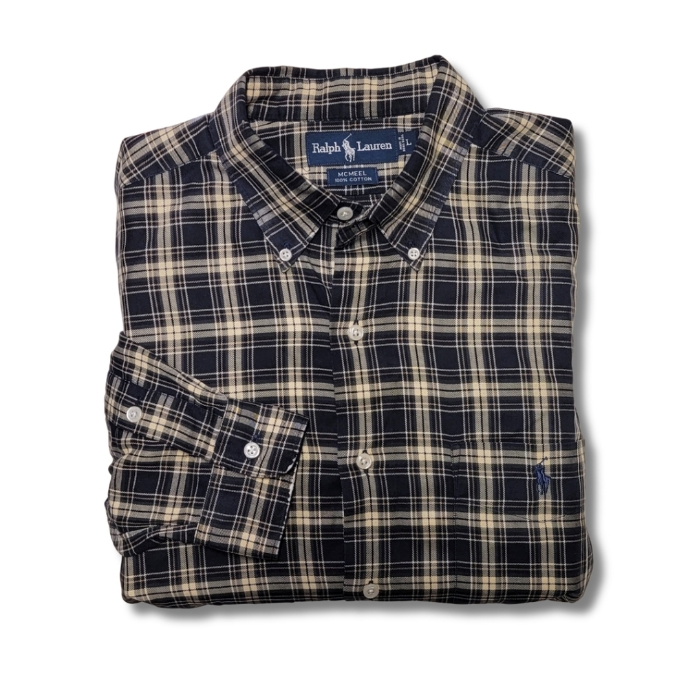 Ralph Lauren McMeel Navy & Tan Plaid Button-Down Shirt L